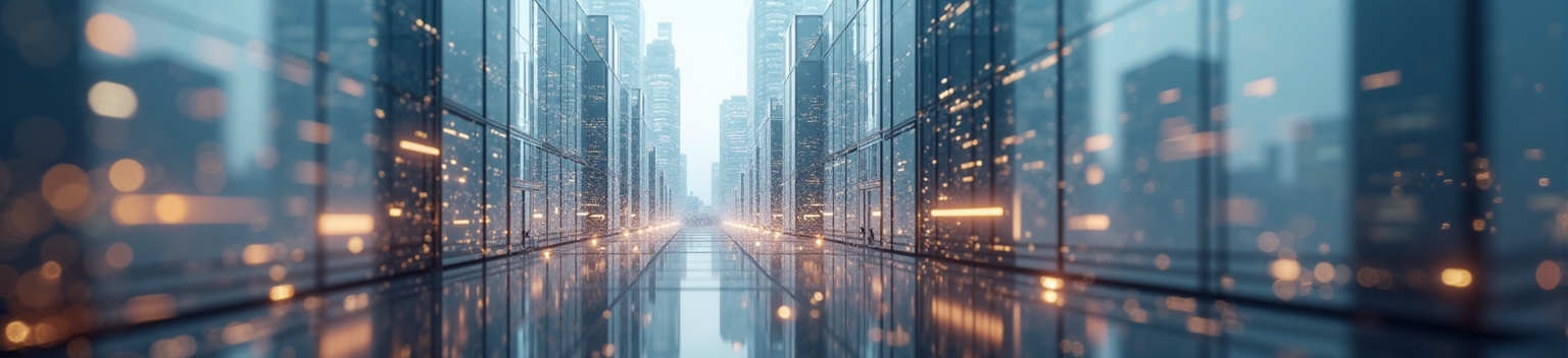 Illustration of financial regulation process, showcasing modern glass skyscrapers and digital financial data connections for transparent central clearing under EMIR 3 by ESMA