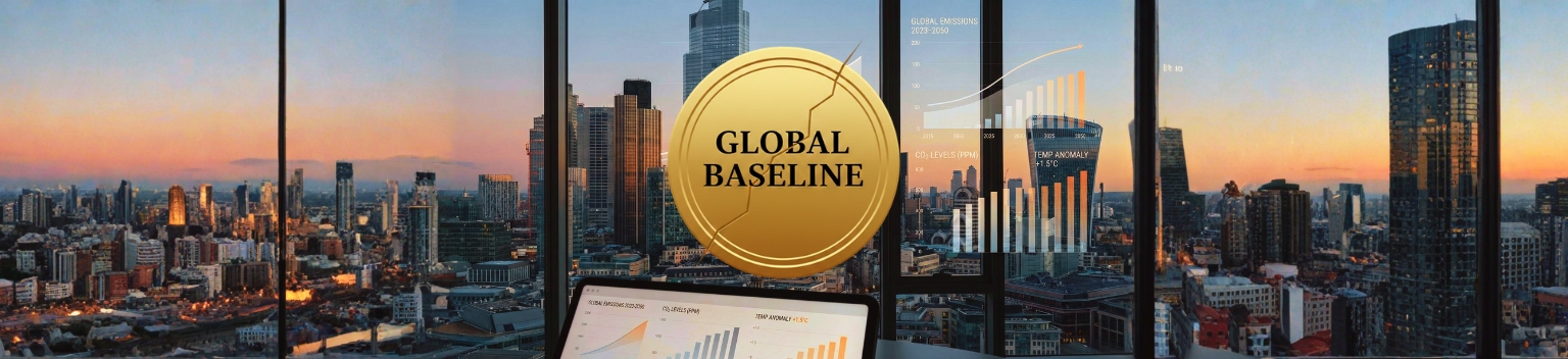 Climate reporting and carbon accounting illustration showing modern financial district with CO2 emission data, sustainability metrics, and global baseline standards
