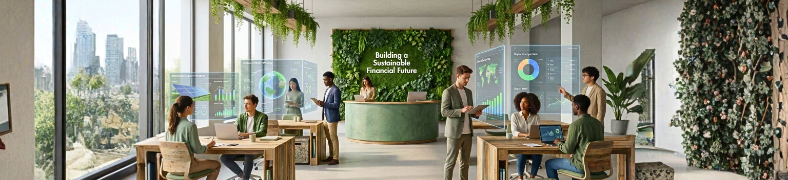 Gen Z professionals working in a modern sustainable finance office with digital ESG dashboards, building a sustainable financial future