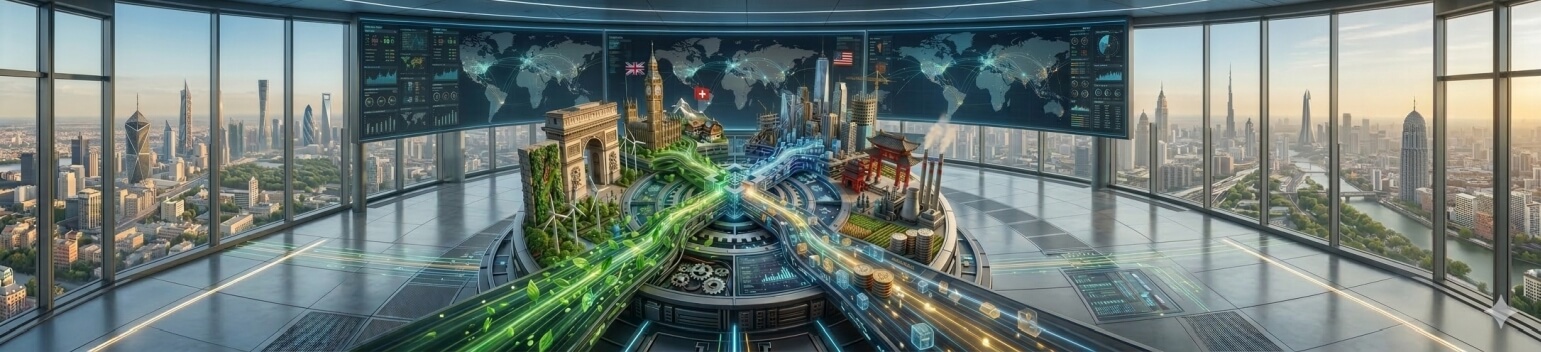 Futuristic ESG strategy command center representing a 2026 global comparative analysis of regulatory frameworks in the EU, UK, USA, China, and Switzerland