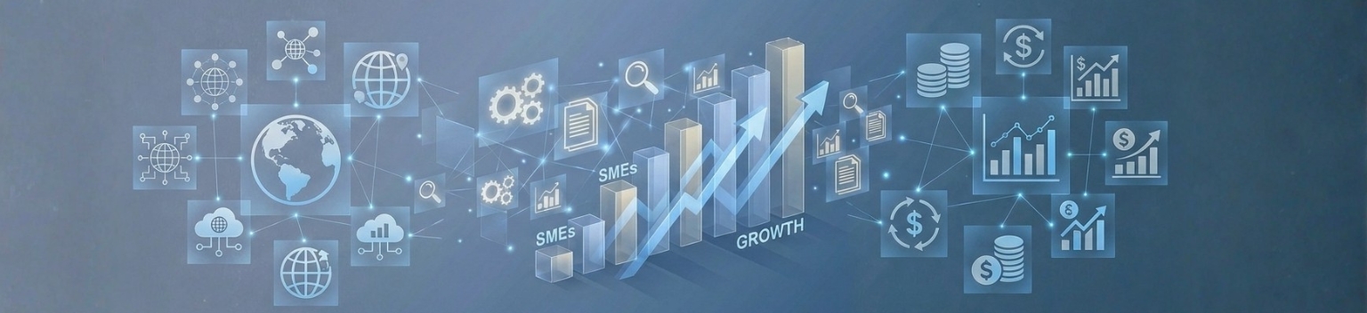 Modern abstract visualization of SMEs growing on a financial chart with arrows and documents, highlighting research, market growth, and financial transparency.
