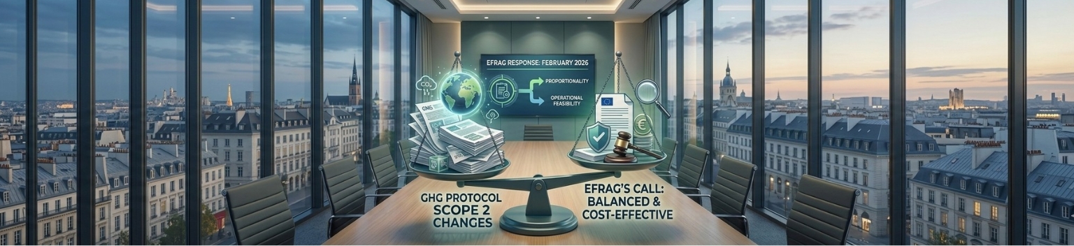 EFRAG’s 2026 response to GHG Protocol Scope 2 changes, showing a scale balancing new reporting requirements against operational feasibility and cost-effectiveness in a boardroom setting