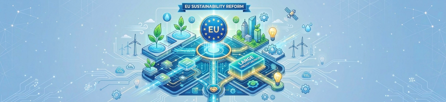 Illustration of EU sustainability reform under Directive (EU) 2026/470, highlighting reporting and due diligence requirements for large undertakings