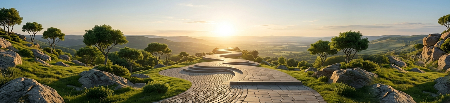 Structured stone pathway progressing through a natural landscape toward the horizon, representing a defined causal pathway to long-term impact