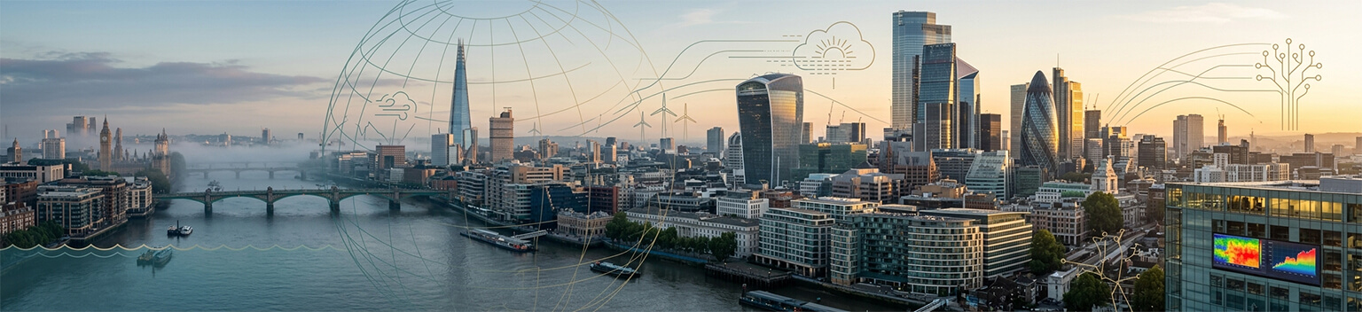 Financial district skyline with digital vector overlays illustrating the Basel Committee’s climate risk disclosure framework for banks reporting transition and physical climate risks