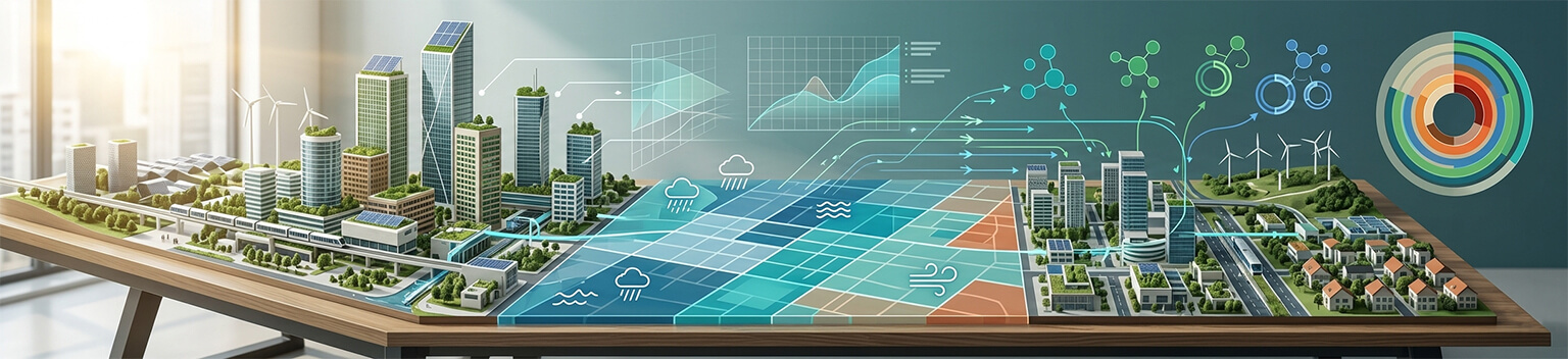 Photorealistic 3D architectural model of a sustainable city and landscape with digital data overlays, representing Basel climate risk disclosure templates for transition risk, physical risk, and financed emissions