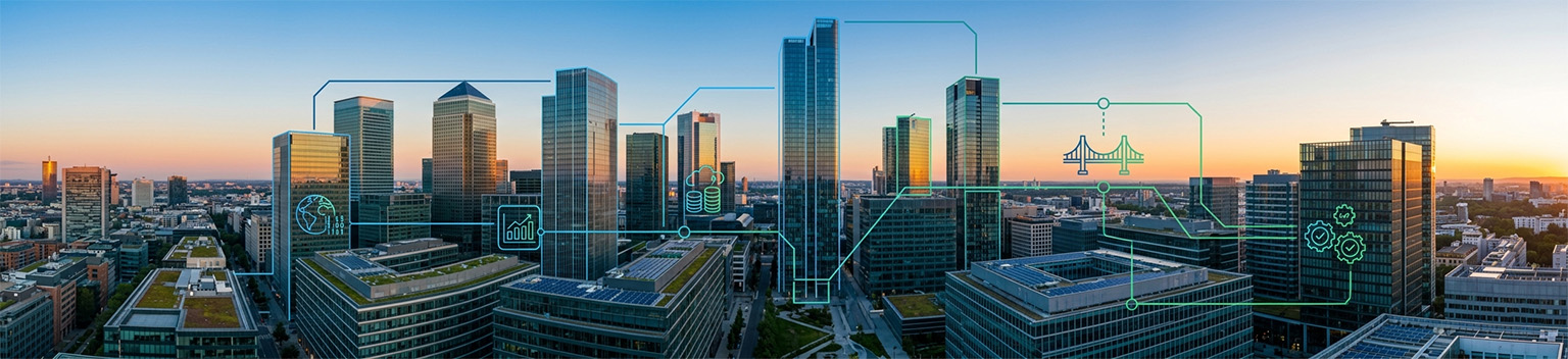 A panoramic cityscape of a modern financial district at sunset, featuring digital vector overlays of data icons and connectivity lines representing the implementation of climate risk disclosures and banking data systems.
