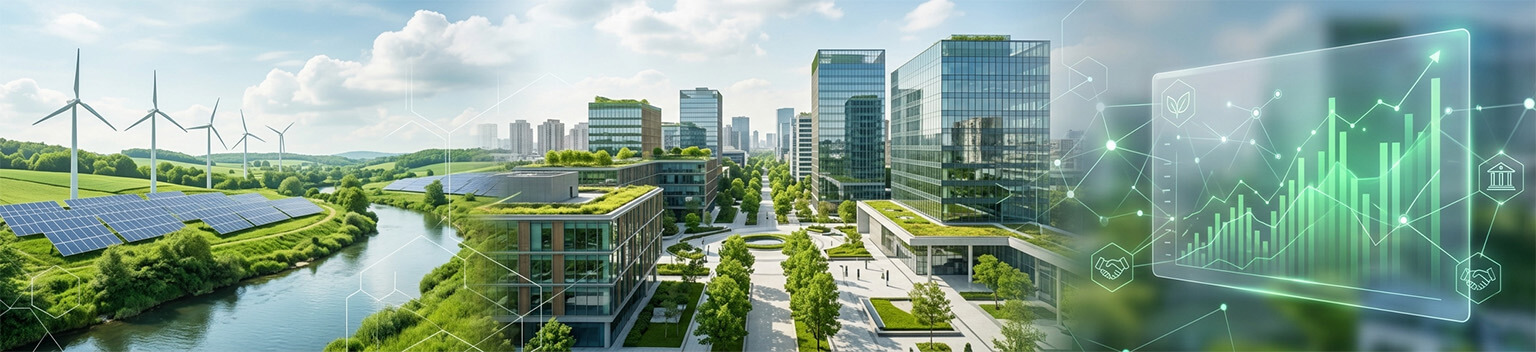 A panoramic visualization of ESG investing featuring solar panels, wind turbines, sustainable urban architecture, and a digital overlay of financial growth charts and sustainability icons.