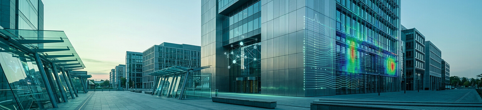 Modern bank building with digital data overlays for 2027 EU-wide stress test preparation