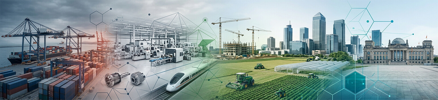 Wide panoramic collage representing European economic sectors—including manufacturing, logistics, construction, and agriculture—with a technical vector overlay for the EBA 2025 Stress Test sectoral GVA analysis.