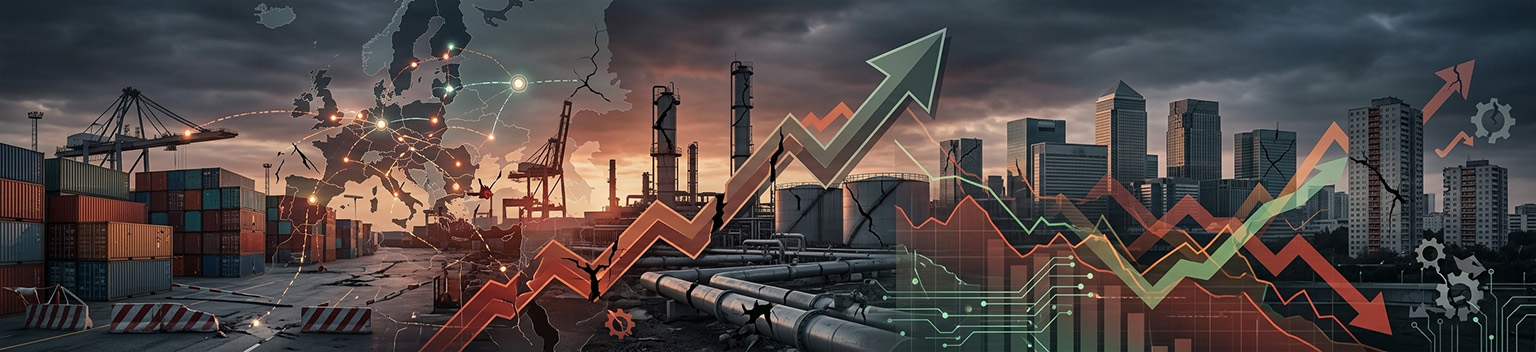 Conceptual image of the 2025 EU stress test adverse scenario featuring economic charts and industrial infrastructure.