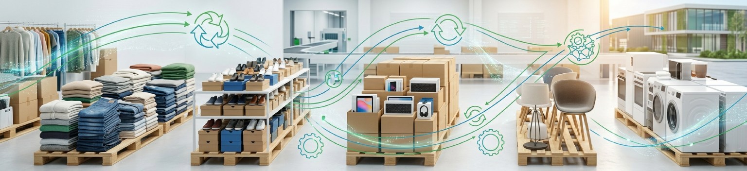 Unsold consumer products with circular economy overlays illustrating ESPR Regulation (EU) 2024/1781 compliance.