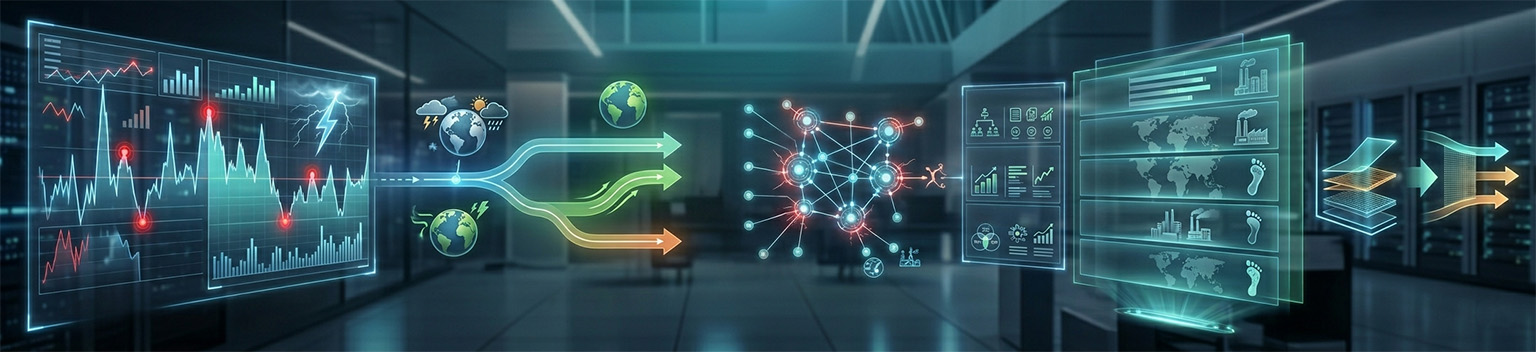 Abstract data visualization banner depicting ESG stress testing frameworks and climate risk indicators for financial institutions.