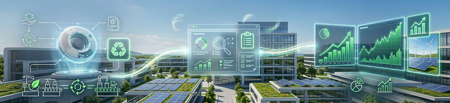 A panoramic visualization of the ESG data nexus between ESPR, CSRD, and SFDR frameworks, featuring digital circular economy icons and sustainability reporting charts overlaid on a photo-realistic landscape of green architecture and solar panels.