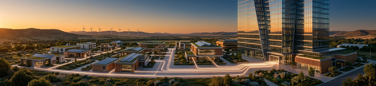 Digital data lines connecting a large corporation to sustainable SME buildings, representing the VSME and ESRS value chain data flow for CSRD compliance.