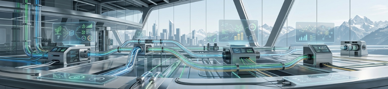 Digital infrastructure and data pipelines representing impact investing measurement in a Swiss financial setting.