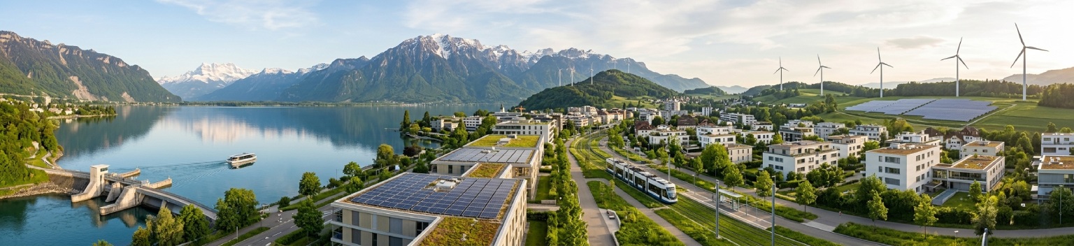 Sustainable Swiss landscape with solar panels and clean water illustrating the 2030 Agenda SDGs